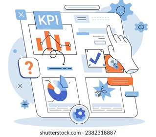 KPI key performance indicator. Vector illustration. Business metric improvement requires consistent measurement Dashboard reports offer quick view of key performance indicators Graphs and charts