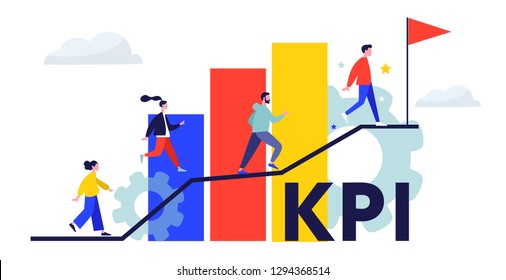 KPI : Key Performance Indicator word. People have success and achieve goals using Business Intelligence metrics to measure achievement. Trendy flat style vector illustration.