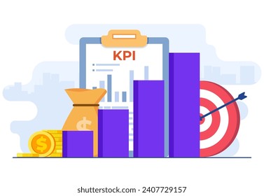 KPI, Key performance indicators business technical concept flat vector illustration, Performance evaluation and dynamics on dashboard, Strategy, Data Report, Efficient workflow, Business intelligence