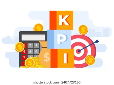 KPI, Key performance indicators business technical concept flat vector illustration, Performance evaluation and dynamics on dashboard, Strategy, Data Report, Efficient workflow, Business intelligence