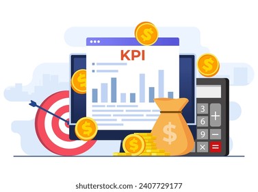 KPI, indicadores clave de rendimiento concepto técnico empresarial ilustración vectorial plana, evaluación del rendimiento y dinámica en el tablero, estrategia, informe de datos, flujo de trabajo eficiente, inteligencia empresarial