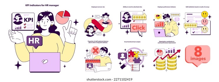 KPI, key performance indicators for HR specialist set. Indicator to measure personnel manager efficiency. Metrics and rates to report worker performance. Flat vector illustration