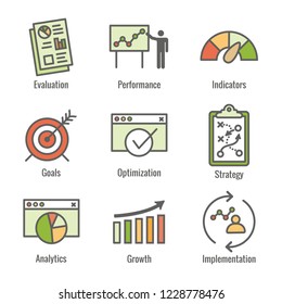 KPI - Key Performance Indicators Icon set with Evaluation, Growth, & Strategy, etc