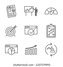 KPI - Key Performance Indicators Icon set with Evaluation, Growth, & Strategy, etc