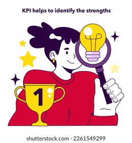 KPI or Key performance indicators implementation benefit. As a metrics system to measure employee efficiency KPI helps to identify the strengths. Staff management. Flat vector illustration