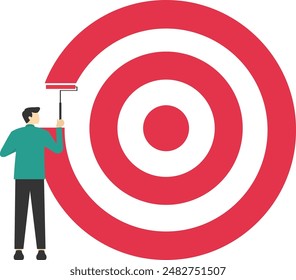 KPI, key performance indicators or set goals and achievement concept, Goals, set business goals or targets, ambitious businessman using paint roller to paint big dartboard, archery target.