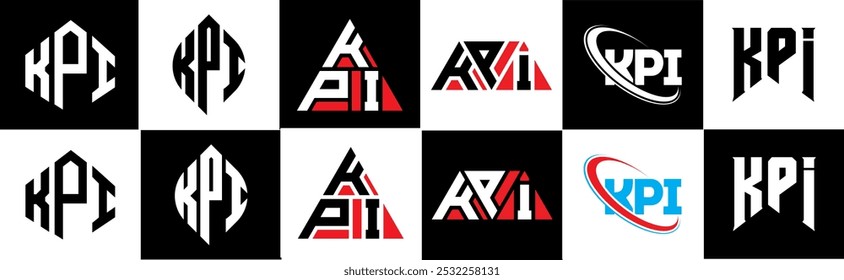 Diseño de logotipo de letra KPI en seis estilos. KPI polígono, círculo, triángulo, hexágono, estilo plano y simple con logo de letra de variación de color blanco y negro en una mesa de trabajo. Logotipo minimalista y clásico de KPI