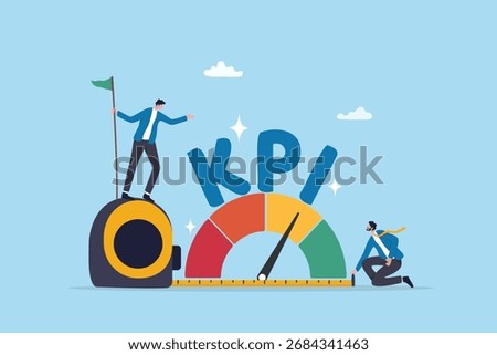 KPI measurement or benchmark, key performance indicator to measure success, return on investment or project efficiency, business people measuring graph with indicator gauge result and KPI word.