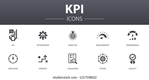 Conjunto de iconos de concepto simple KPI. Contiene iconos como optimización, objetivo, medida, indicador y más, se pueden utilizar para web, logo, UI/UX
