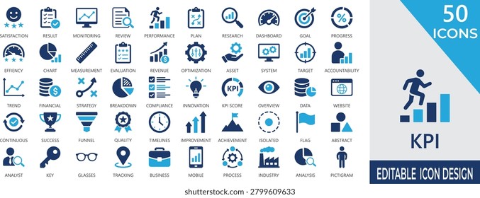 KPI solid icon set with analytics dashboards, monitoring, performance, goal, measurement, tracking, metric, and business intelligence symbols.