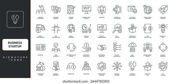KPI, solution and product presentation thin black outline symbols vector illustration. Business startup launch, company growth and development strategy, project organization line icon set.