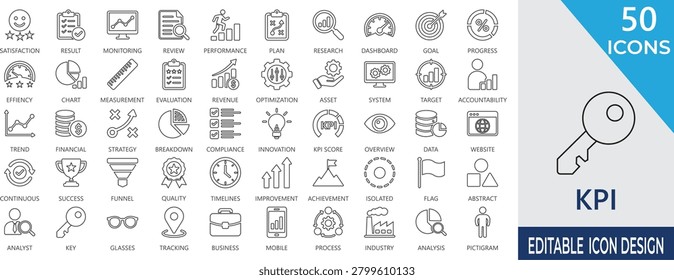 KPI stroke icon set featuring key performance indicators, goals, reports, dashboard, business metrics, and performance tracking.