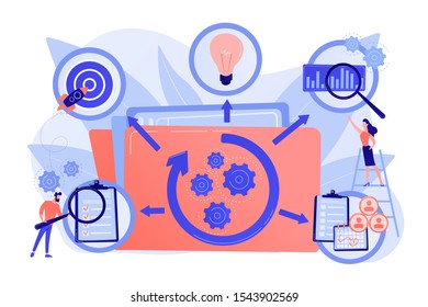 KPI and task management. Workflow optimization. Project life cycle, successful project management, stages of project completion concept. Pink coral blue vector isolated illustration