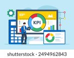 KPI tracking, assessing metrics analysis concept vector illustration. Business analyst monitoring key performance indicators on dashboard