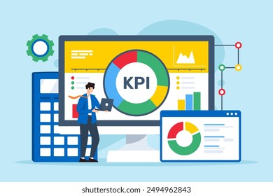 KPI tracking, assessing metrics analysis concept vector illustration. Business analyst monitoring key performance indicators on dashboard