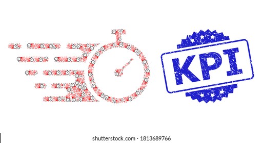 Kpi unclean seal imitation and vector recursion collage time tracker. Blue stamp seal includes Kpi caption inside rosette. Vector collage is organized of scattered rotated time tracker items.