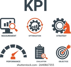 KPI web banner icon vector illustration concept for key performance indicator in the business metrics with objective, measurement, optimization, strategy, performance, and evaluation icon
