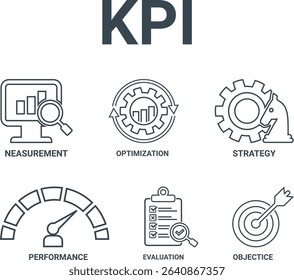 KPI web banner icon vector illustration concept for key performance indicator in the business metrics with objective, measurement, optimization, strategy, performance, and evaluation icon