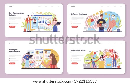 KPI web banner or landing page set. Employee evaluation, testing form and report, worker performance review. Staff management, empolyee development. Isolated flat vector illustration