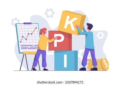 KPI. A woman and a man put the word KPI together with cubes