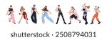 Kpop dancers and singers set. Young male and female k-pop idols performance, dance. Korean pop culture. Modern trendy popular Korea music stars. Flat vector illustrations isolated on white background