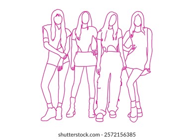 Kpop dancers and singers. Young male and female K-pop idols dancing and singing performance. Korean pop culture. Trendy and modern popular Korean music stars. Girlband and boyband vector illustration