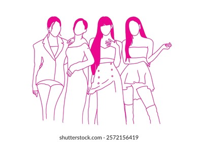 Kpop dancers and singers. Young male and female K-pop idols dancing and singing performance. Korean pop culture. Trendy and modern popular Korean music stars. Girlband and boyband vector illustration