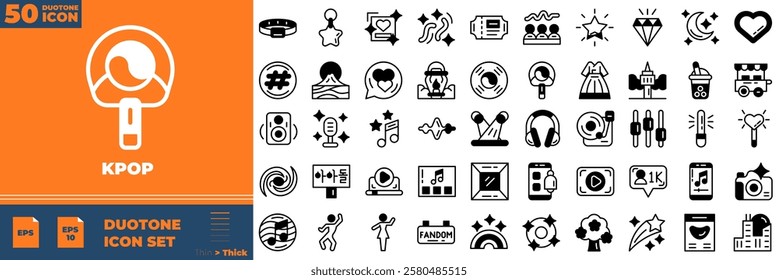 Kpop Duotone Editable Icons set. Vector illustration in modern thin duotone style of kpop icons: love, korean, music, etc