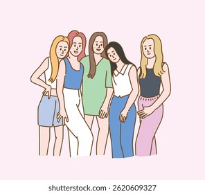 K-POP feminino idol girl group cantor pessoas posando e saudação. desenhado à mão design vetor ilustração.