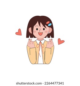 
K-pop and korean drama fan girl schoolgirl cute vector illustration isolated on white background. Kawaii girl shows hearts with two hands. Happy fan, heart fingers, making heart shape with hands