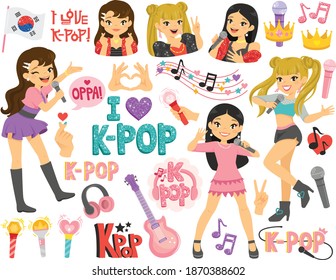 K-pop and Korean idols clipart set. Cartoon characters and symbols from the popular Korean music trend.