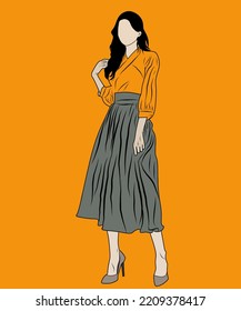 k-pop (Korean pop)Vector illustration of a female fashion model on a orange background.