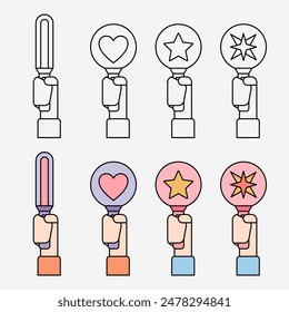 K-pop light stick. Hand holding up different kinds of boy band and girl band light stick doodle sticker. Concert, fan meeting, heart, star, cheering sign.