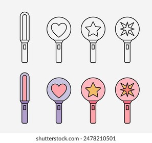 K-pop light stick. Various types of boy band and girl band light stick doodle sticker. Concert, fan meeting, heart, star, cheering sign.