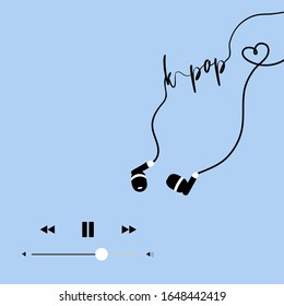 K-pop logo with earphones on background. Design for poster, banner, greeting card, t-shirt, sticker, tag, bag print.