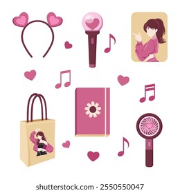 
K-pop merchandise collection. Lightstick, photocard, totebag, notebook, handheld fan.