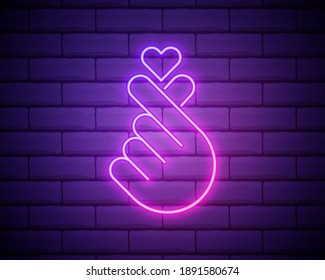 K-POP neon sign. Sign of Finger Heart with colorful neon lights isolated on brick wall. Vector illustration