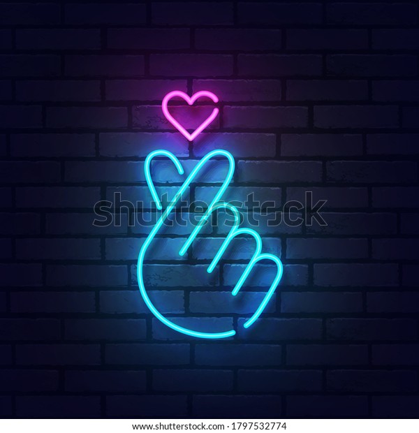 K-POP neon sign. Sign\
of Finger Heart with colorful neon lights isolated on brick wall.\
Vector illustration