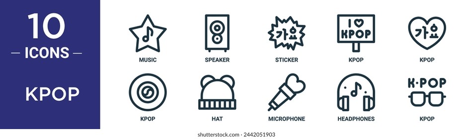 kpop outline icon set includes thin line music, speaker, sticker, kpop, kpop, hat icons for report, presentation, diagram, web design