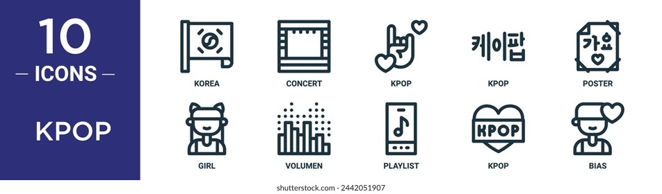 kpop outline icon set includes thin line korea, concert, kpop, kpop, poster, girl, volumen icons for report, presentation, diagram, web design