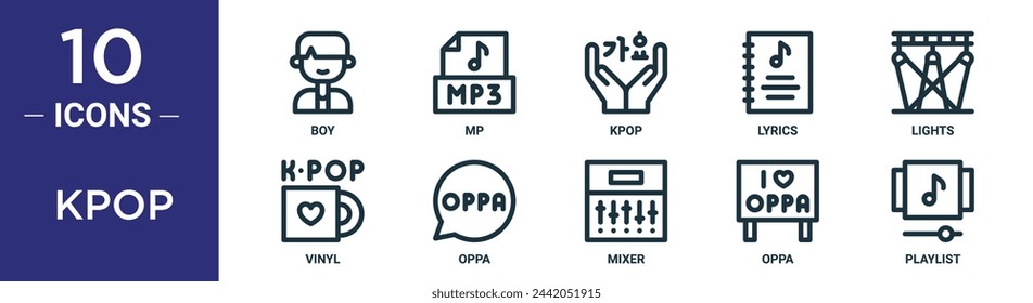 kpop outline icon set includes thin line boy, mp, kpop, lyrics, lights, vinyl, oppa icons for report, presentation, diagram, web design