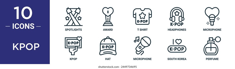 kpop outline icon set includes thin line spotlights, award, t shirt, headphones, microphone, kpop, hat icons for report, presentation, diagram, web design