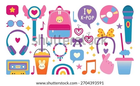 K-Pop themed vector illustration featuring colorful and fun icons such as microphones, headphones, heart symbols, and other music-related elements, perfect for expressing love for K-Pop culture.