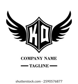 KQ bold shield logo with wings, customizable with letters A to Z. Perfect for brands seeking a powerful symbol of strength, freedom, and ambition