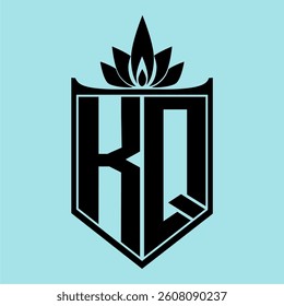 KQ Logo featuring a minimalist design with a crown-like flower symbol on top, bold black elements, and a soft blue background, perfect for branding and modern visual identity.