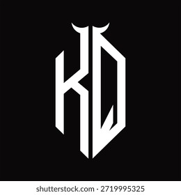 KQ Logo monograma con forma de cuerno aislado Plantilla de diseño en blanco y negro sobre fondo negro