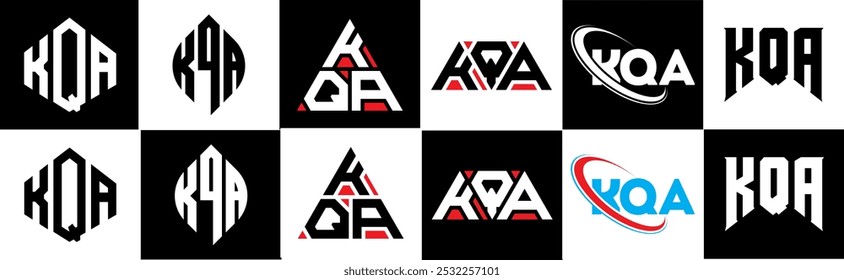 KQA carta logotipo design em seis estilo. Polígono KQA, círculo, triângulo, hexágono, estilo simples e plano com logotipo de letra de variação de cor preto e branco definido em uma prancheta. KQA minimalista e logotipo clássico