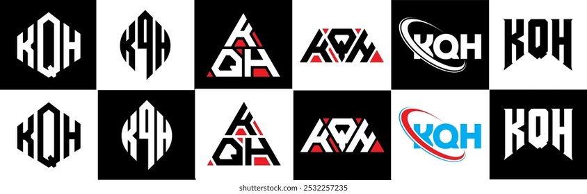 KQH letter logo design in six style. KQH polygon, circle, triangle, hexagon, flat and simple style with black and white color variation letter logo set in one artboard. KQH minimalist and classic logo
