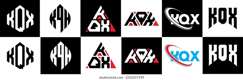 KQX letter logo design in six style. KQX polygon, circle, triangle, hexagon, flat and simple style with black and white color variation letter logo set in one artboard. KQX minimalist and classic logo