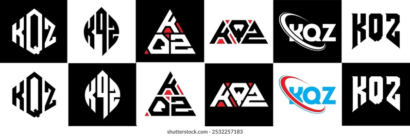 Projeto do logotipo da letra KQZ em seis estilo. Polígono KQZ, círculo, triângulo, hexágono, estilo simples e plano com logotipo de letra de variação de cor preto e branco definido em uma prancheta. Logotipo minimalista e clássico do KQZ